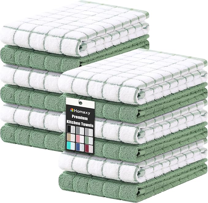 Homaxy Large Premium Cotton Kitchen Towels 16"x 28", 12 Pack, Grass Green | Natural Ring Spun 390 GSM Dish Towels, Super Absorbent Terry Kitchen Hand Towels, Soft Tea Towels with Hanging Loop