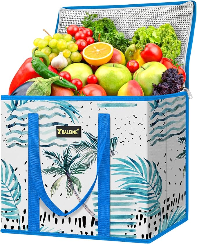 BALEINE 1PK Insulated Reusable Grocery Bag, Heavy Duty Shopping Tote | Foam & Foil Insulation, 9" Long Handles, Reinforced Bottom Keeps Upright, Fold Flat Storage, Water-Resistant Shopping Bag