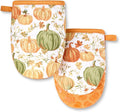 MARTHA STEWART Autumn Harvest Pumpkins Mini Oven Mitt 2-Pack Set, 100% Cotton with Decorative Non-Slip Silicone Grip, Heat Resistant, Orange/Green/Ivory, 5.5"X8"