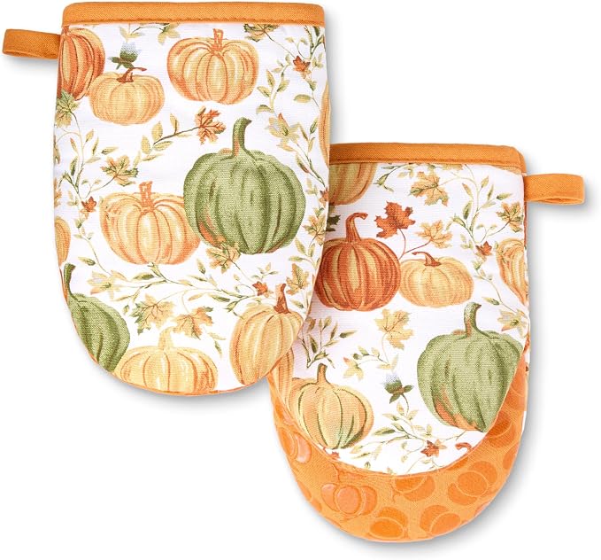 MARTHA STEWART Autumn Harvest Pumpkins Mini Oven Mitt 2-Pack Set, 100% Cotton with Decorative Non-Slip Silicone Grip, Heat Resistant, Orange/Green/Ivory, 5.5"X8"