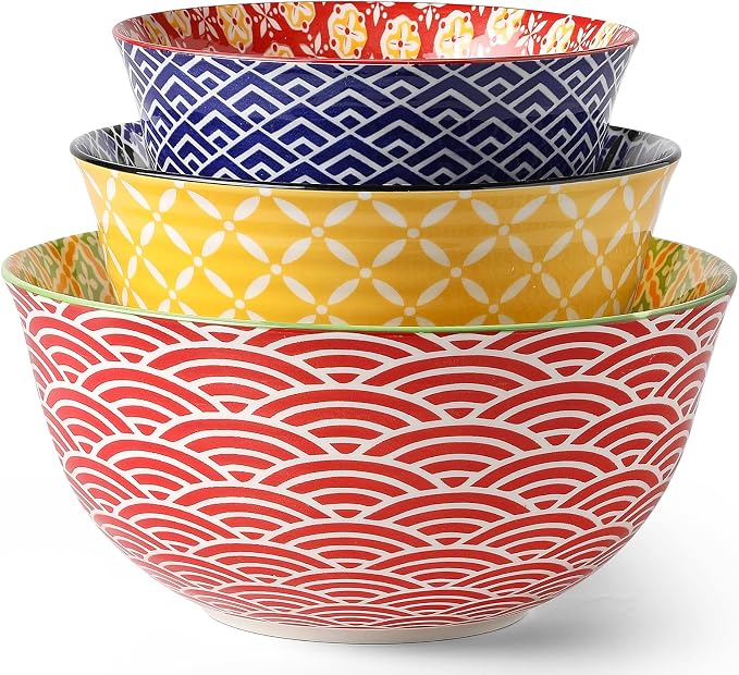 Metahom Ceramic Mixing Bowls for Kitchen, Colorful Nesting Bowls, Large Serving Bowls for Prepping, Baking, Mixing, Salad, Microwave Dishwasher Safe, 3.7/2.3/1.4 Qt, Set of 3