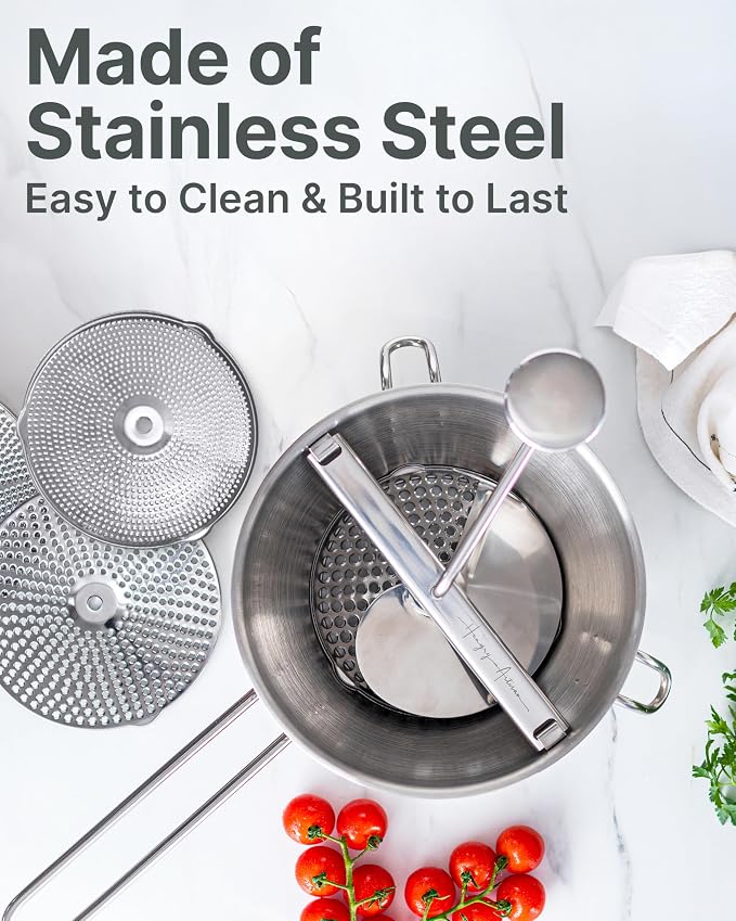 Hungry Artisan 4-Disc Food Mill for Jams, Purees & Silky Sauce | Stainless steel, ergonomic rotary crank; also for tomato sauce, canning, applesauce, baby food, berries & mashed potatoes