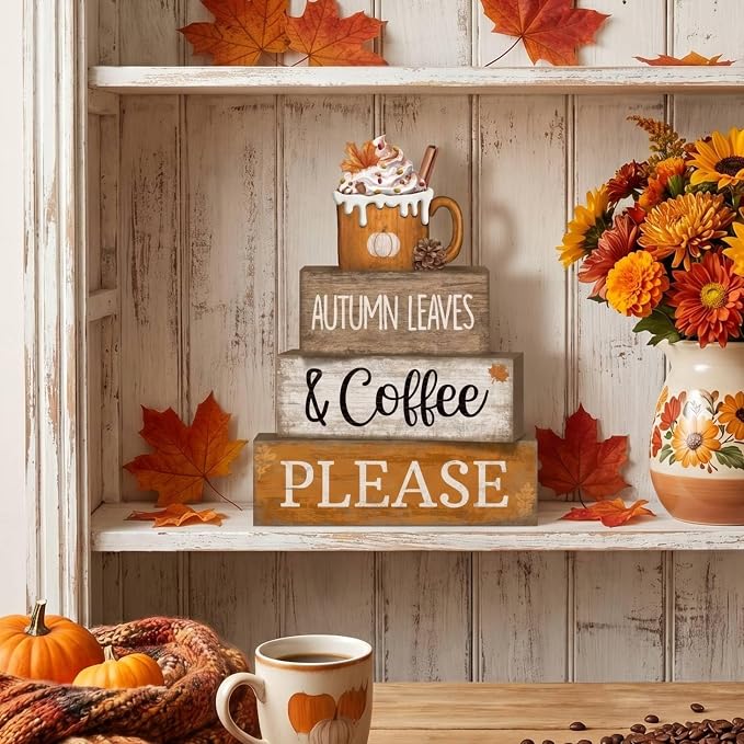 Lineshading 4 Pcs Fall Coffee Table Decor Fall Decor for Home Pumpkin Latte | Stackable Blocks for Coffee Bar, Thanksgiving Table Centerpiece, Rustic Farmhouse Home Decoration, Autumn Theme
