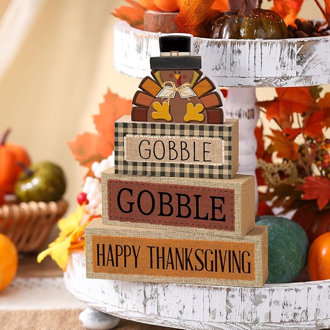 Lineshading 4 Pcs Fall Table Decorations Wooden Thanksgiving Turkey Decor | Turkey Tiered Tray Decor for Fall, Wooden Stacked Signs with Happy Thanksgiving Sayings, Rustic Autumn Tabletop Accents