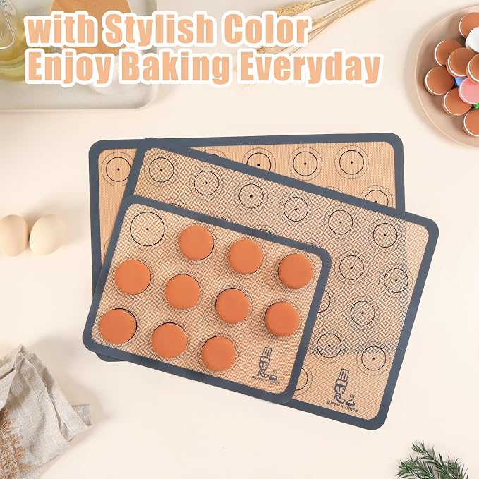 Silicone Baking Mat Macaron Set of 3-2 Half Sheet Liners 1 Quarter Sheet | Non Stick Silicon Cookie Oven Liner For Macaroons, Bake Pans, Pizza, Toaster, Cake and Bread Making (16.5x11.6, Grey)