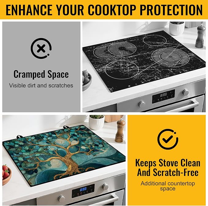 NYZE Stove Top Cover for Electric Stove 28x20 Inch Silicone Stove Topper & Protector, Decorative Kitchen Mat for Electric/Glass Stove Top (Teal Swirl Tree)