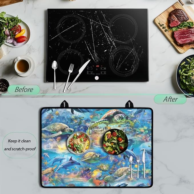 Dolphin Sea Turtle Glass Stove Cover Stovetop Protector Cover Foldable Electric Stove Top Protector Prevent Scratching Washer Dryer Counterto Cover for Home Decor