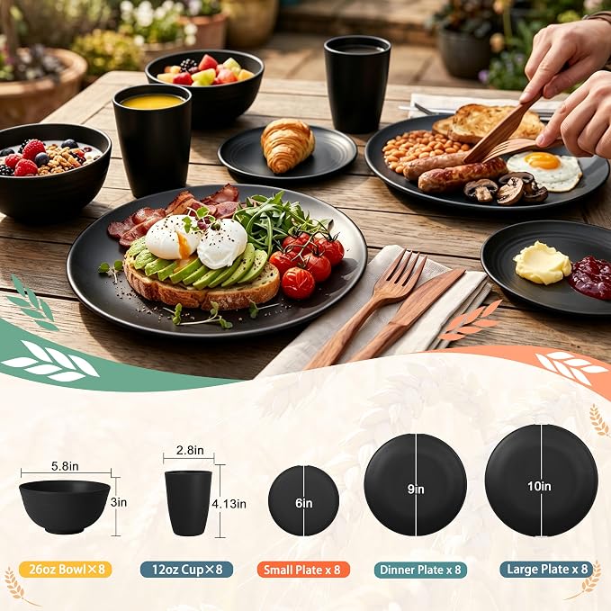 PYRMONT 40 PCS Plates and Bowls Set Wheat Straw Plate Bowl Set Unbreakable Dishes Set for 8 Dishwasher & Microwave Safe Dinner Sets for Kitchen,New House,Dorm-Black