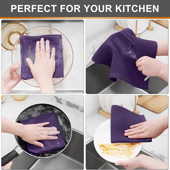 Kitinjoy 100% Cotton Waffle 6-Pack Kitchen Towels, 12" x 12", Eggplant | Ultra Absorbent, Super Soft, lightweight, Quick Drying Dish Rags for Washing Dishes