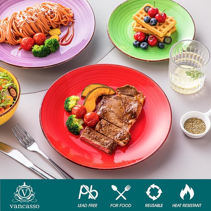 vancasso Bonita Dinnerware Set Multicolor Stoneware 12 Pieces Service for 4 | Handpainted Spirals Pattern Stoneware Plates and Bowls Set, Modern Ceramic Plate Set-Microwave and Dishwasher Safe