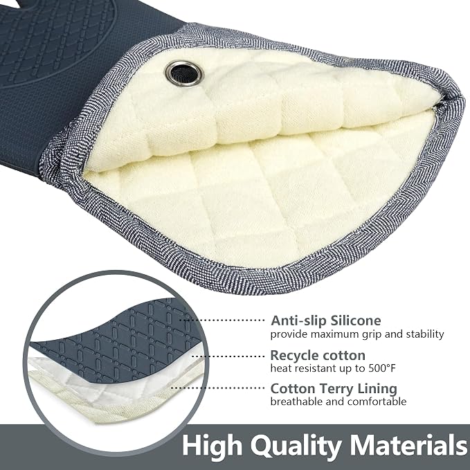 Professional Microwave Silicone Oven Mitts one Pair, Kitchen Mitten Set | Heat Resistant with 500 Degrees Oven Gloves Pot Holder for BBQ Cooking Baking (Gray)