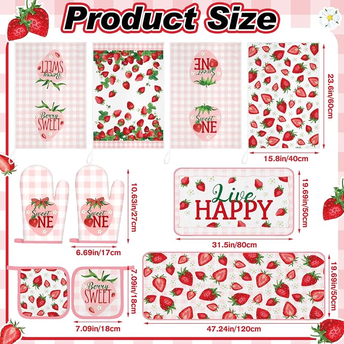 Fourluoo 10 Pcs Strawberry Kitchen Decor Sets 4 Pink Plaid Kitchen Dish Towels 2 Cute Pot Holders 2 Oven Mitts Glove 2 Summer Non Slip Rugs and Mats for Floor Home Decorations Accessories Mom Gift