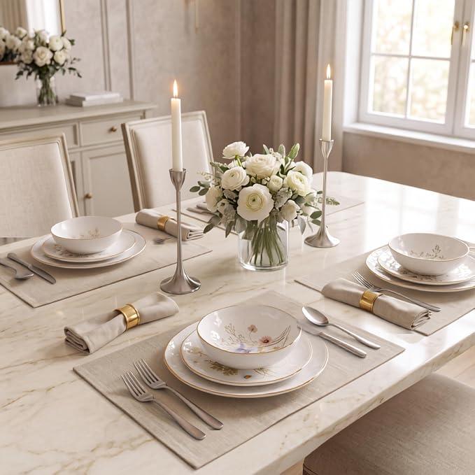 Sango 12-Piece Luxury Porcelain Dinnerware Set for 4- Glossy White Plates and Bowls Sets with Wildflower Patterns and Gold Rims, Ceramic Dish Set, Elegant Dishes for Everyday Dining, Gansevoort