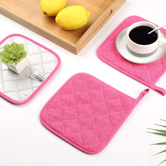 100% Cotton Kitchen Everyday Basic Terry Pot Holder Heat Resistant Coaster Potholder for Cooking and Baking Set of 5 (Dark Pink)