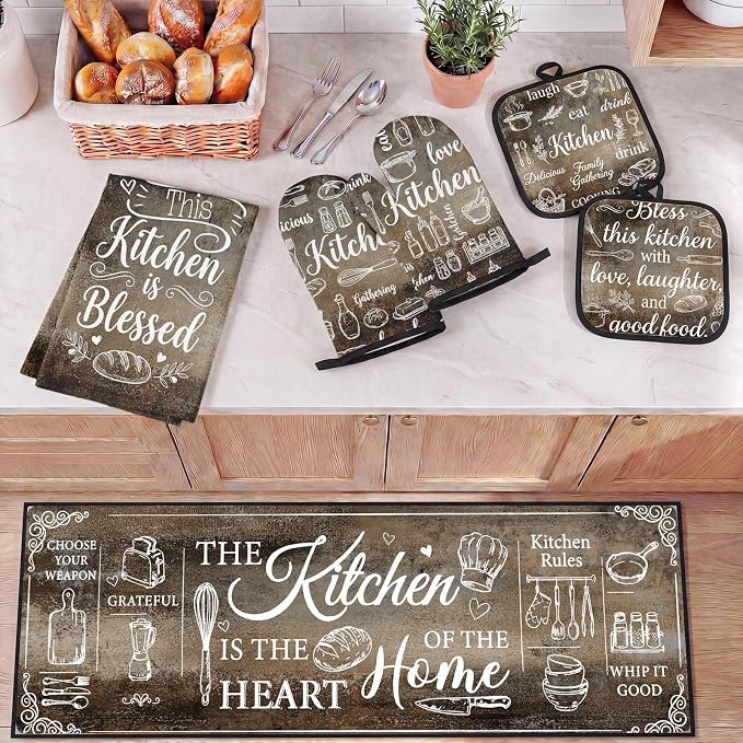 10 Pcs Kitchen Decor and Accessories Set, Vintage Rustic | Grunge Gray Brown 4 Dish Towels Kitchen Rugs 2 Oven Mitts 2 Pot Holders, Home Decor for Cooking Baking BBQ Housewarming