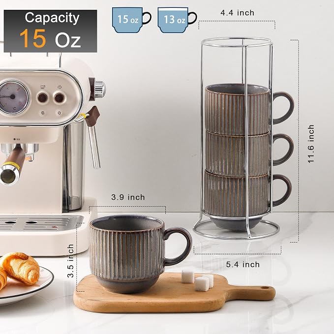 HASENSE Porcealin Coffee Mugs, Stackable Coffee Cups Set of 4 with Stand - 15 oz Large Ceramic Ribbed Latte Cup Set for Cappuccino, Tea, Hot Cocoa, Drinks - Dishwasher & Microwave Safe, Brown