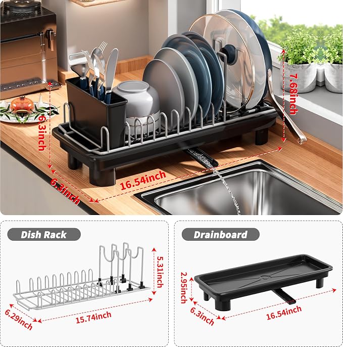 Small Dish Drying Rack, Stainless Steel with Drain Board & Utensil Holder | Anti-Scratch Base, Space Saving Design for Kitchen Counter, Black