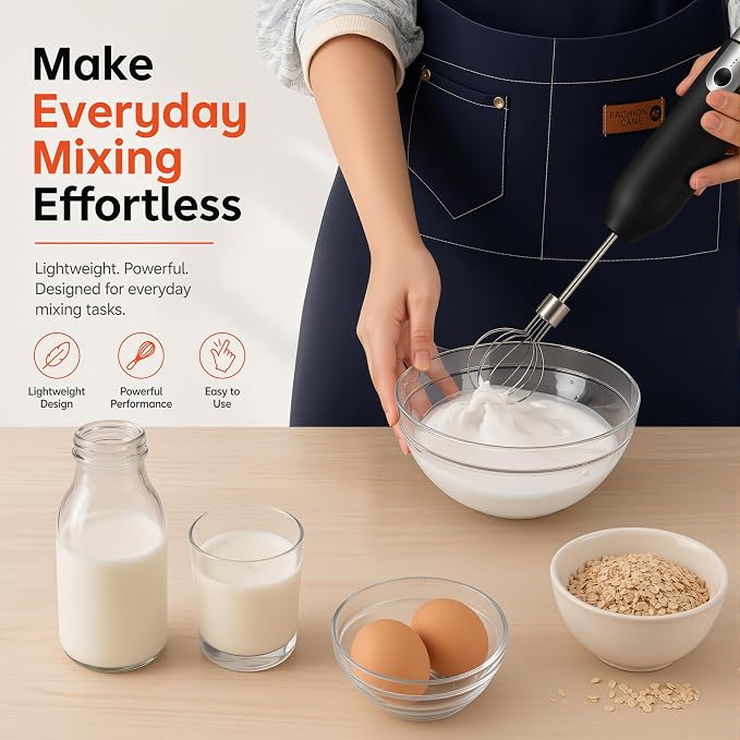 Electric Hand Mixer Whisk | Wireless Rechargeable Handheld Egg Beater with 2 Stainless Steel Mixing Heads | Portable Kitchen Hand Mixer for Egg, Milkshake Cream, Cake, Baking & Cooking-Black