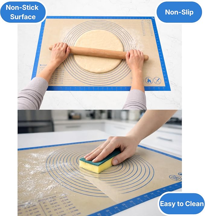 Silicone Pastry Mat with Measurements, 26 x 16 Inch Extra Thick Non-Slip Nonstick Large Baking Mat for Dough Rolling, Kneading, Fondant and Pie, Blue