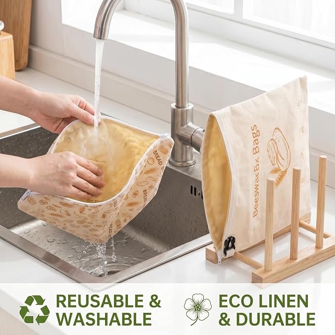 Two Styles Reusable Beeswax Bread Bags for Homemade Sourdough | Organic and Freezer Safe Bread Bags, Linen with Zipper and Buckle to Keep Bread Fresh, Great Gift for Baking Enthusiasts