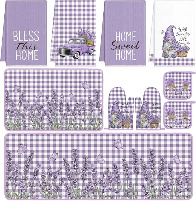 Fourluoo 10 Pcs Lavender Kitchen Decor Set Lavender Kitchen Towels and Rugs Oven Mitts and Pot Holders Set for Cooking Baking Grilling Women Mom Gift