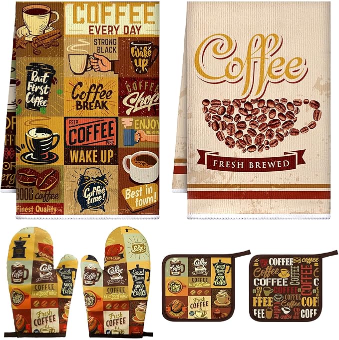 Bencailor 6 Pcs Coffee Kitchen Decor Coffee Kitchen Towels Brown Pot Holders and Oven Mitts Sets 2 Farmhouse Cooking Mittens for Cooking Grilling Supply Accessories