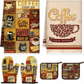 Bencailor 6 Pcs Coffee Kitchen Decor Coffee Kitchen Towels Brown Pot Holders and Oven Mitts Sets 2 Farmhouse Cooking Mittens for Cooking Grilling Supply Accessories