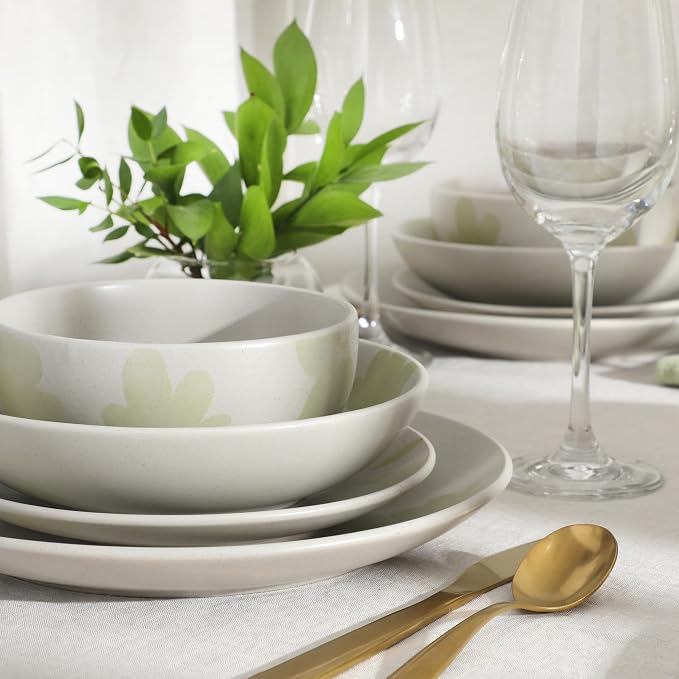 Gibson Home Admiral Hall Plates and Bowls Set, 16-Piece Floral Dinnerware Set, Green Stoneware Dish Set, Dinner Plates, Salad Plates, Pasta Bowls & Cereal Bowls