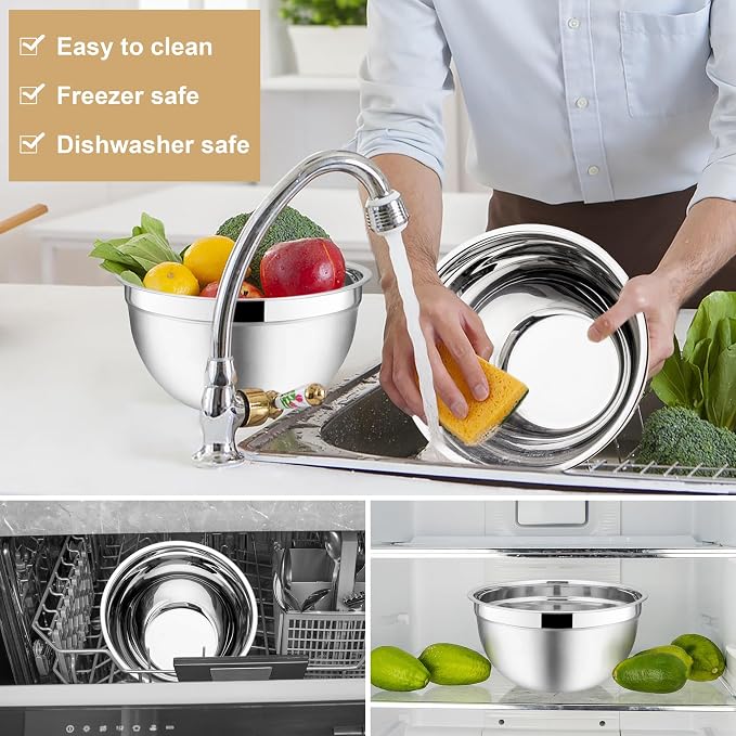 E-far Mixing Bowls with Lids Set, 6-Piece Stainless Steel Salad Bowls | Metal Nesting Cooking Bowls with Airtight Lid for Kitchen Storage, Baking & Prepping, Dishwasher Safe, 1.5/3/4.5 QT, Khaki