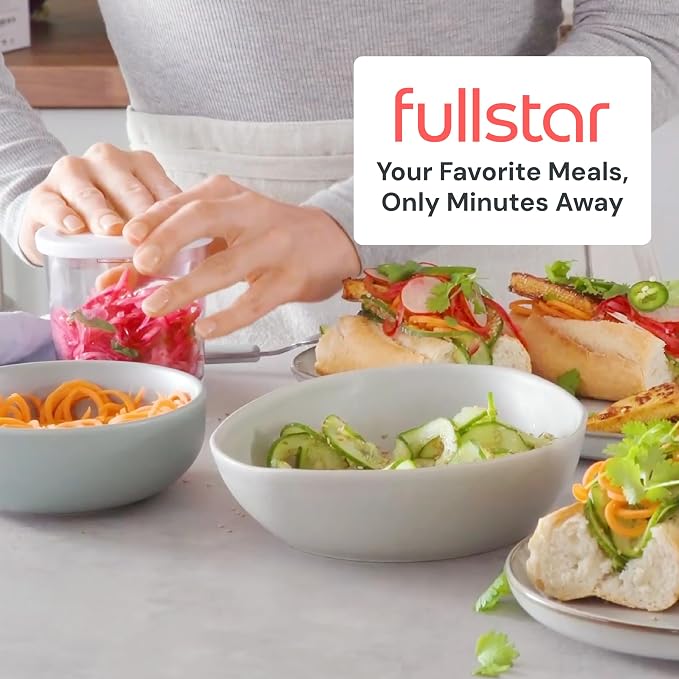 Fullstar Vegetable Spiralizer & Slicer, Veggie Noodle Maker Kitchen Gadget | 4 in 1 Compact Vegetable Slicer & Zucchini Noodle Maker with Sharp Stainless Steel Blades & A Safety First Design