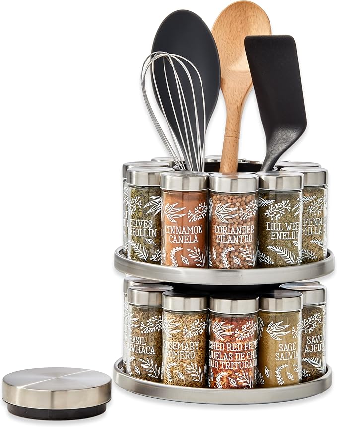 Kamenstein Salem 20-Jar Rotating Spice Rack with Spices Included, Stainless Steel Countertop Organizer with Sifter Caps and Tool Caddy, Spice Set for Kitchen Organization