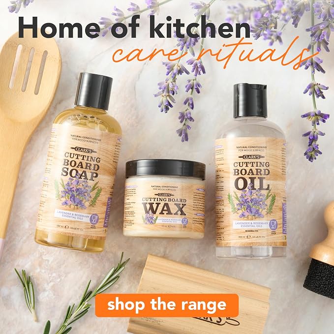 CLARK'S Food Grade Cutting Board Full Care Kit, Lavender Scent - 6 Pack | Includes Food Grade Mineral Oil, Cutting Board Wax & Cleaner, Oil & Wax Applicators, Buffing Pads - Restores & Protects