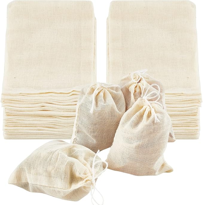 TUZAZO 24 Pcs Muslin Bags with Drawstring 4 x 6 inch, Reusable Tea Bags for Loose Leaf Tea, Natural Cotton Unbleached Cheesecloth Small Spice Bag for Cooking Soup Herb Sachet Bag Empty