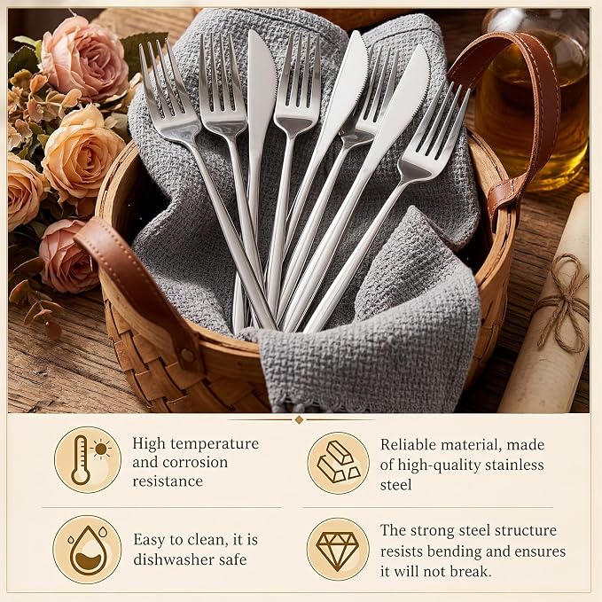Nuenen 100 Pieces Stainless Steel forks and knives Dinner Flatware Set Tableware Cutlery for Butter Kitchen Restaurant, Dishwasher Safe (Silver,8.8 Inches，8.4 Inches,Portugal)