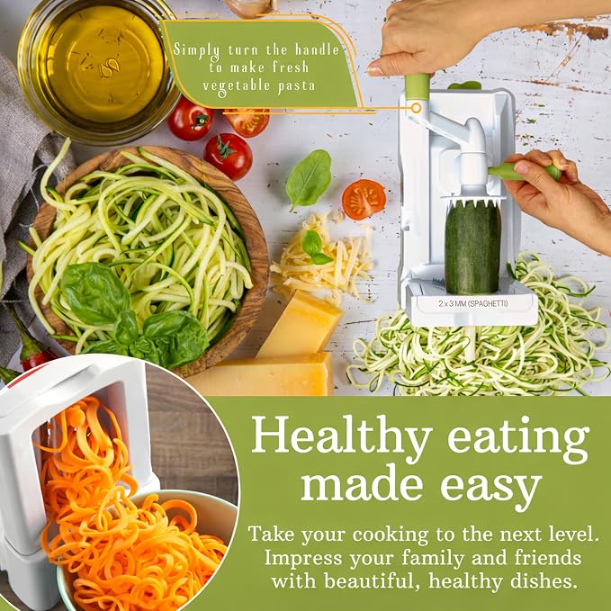 Brieftons 10-Blade Vegetable Spiralizer: Zoodle Maker & Veggie Noodle Maker, Potato String & Curly Fry Cutter, Japanese Steel Blades, Catch Container, Strong Suction Pad, 4 eBooks | Keto, Vegan, Paleo