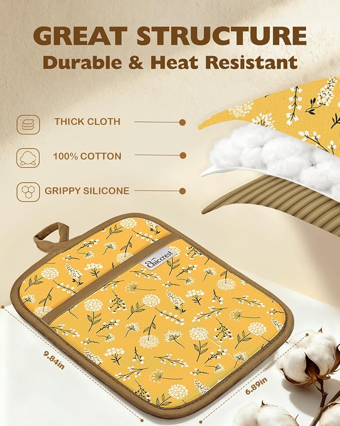 100% Cotton Pot Holders Ribbed Soft Silicone Yellow Flower | Stylish Pot Holders with Pockets, Ribbed Soft Silicone, Machine Washable Non-Slip Heat Resistant Hot Pads 2pcs, Kitchen Gift