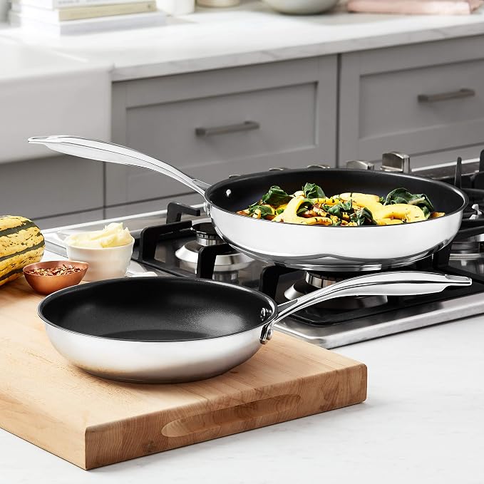 Amazon Basics 2-Piece Non-Stick Stainless Steel Fry Pan Set, Oven Safe, Induction Compatible, Stay-Cool Handles, 10-Inch and 8-Inch