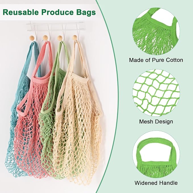 M METERXITY 1-Pack Cotton Mesh Bag, Reusable Washable Mesh Net String Grocery Bags, Reusable Produce Bags with Handle, Net Tote Bag for Fruits/Vegetables Shopping [Green, Short Handle]