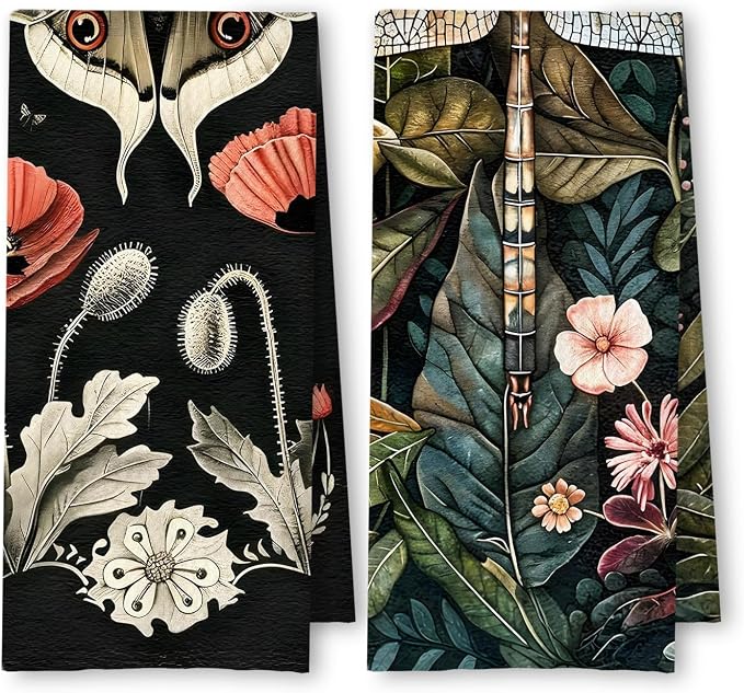 Moody Floral Moth Dragonfly Kitchen Towels Set of 2, Dark Cottagecore Botanical Dish Tea Towels for Kitchen Decor, Dark Academia Flowers Hand Towels for Bathroom Decor, 16x24 Inch