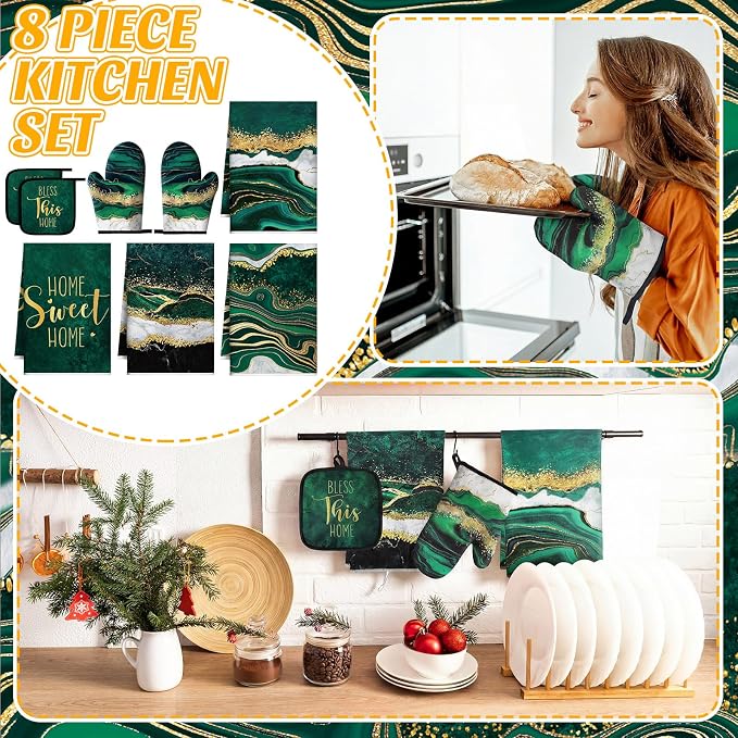 Leinuosen 8 Pcs Green and Gold Marble Kitchen Towels and Dishcloths Sets Oven Mitts and Pot Holders Absorbent Kitchen Gloves Potholders Heat Resistant for Chef Baking Cooking
