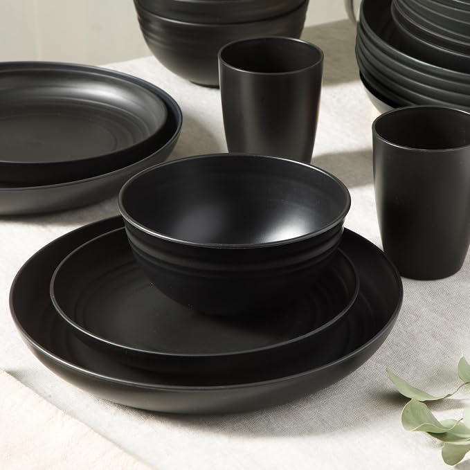 Gibson Home Plates and Bowls Set, 32 Piece Wheat Straw Dinnerware for 8 | Carmel Haze Collection - Dishes, Dishware, Matte Black, Tumblers, Unbreakable, Lightweight, Dishwasher Safe