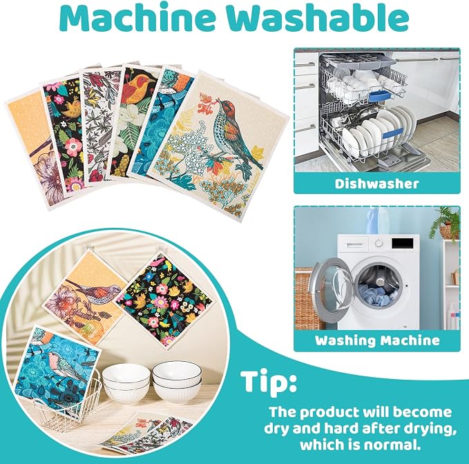 6 Pack Swedish Dishcloths for Kitchen, Absorbent Retro Bird Dish Cloths | Swedish Rags Dish Towels with Adhesive Clips, Reusable Paper Towels No Odor for Countertop Dishes Kitchen