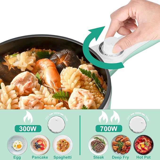 Dezin Hot Pot Electric with Steamer, 1.5L Non-Stick Portable Electric Pot | Dual Power, Upgraded 700W Electric Pot for Cooking Steak, Egg, Oatmeal, Ramen Cooker for Dorm, Travel, RV, Office, Green Pan