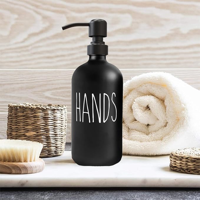 Black Glass Soap Dispenser, Matte Black Pump, 16 oz | Black Glass, Matte Black Stainless Steel Pump, Bathroom and Kitchen Sink use, 6 Waterproof Labels (Pack of 2)