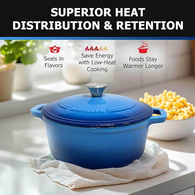 Mueller 6qt Enameled Cast Iron Dutch Oven, Heavy-Duty Casserole and Braiser Pan with Lid and Knob, Safe for All Cooktops, Aqua Blue | Casserole & Braiser Pan, Sourdough Bread Baking, PFOA-Free, Oven Safe to 500°F, All Cooktops incl. Induction, Aqua Blue