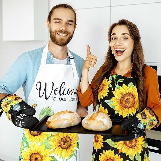 Bencailor 13 Pcs Sunflower Kitchen Decor Black and White Flower Apron Dish Towels Oven Mitt and Pot Holder Set Sunflower Kitchen Accessories for Farmohouse Home Decor