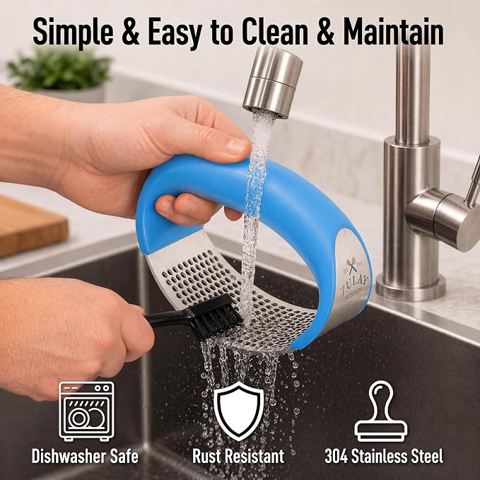 Zulay Kitchen Stainless Steel Garlic Press Rocker Set - Premium Garlic Mincer Garlic Crusher - New Innovative Garlic Crusher with Peeler and Scraper - Comfortable Grip (Blue)