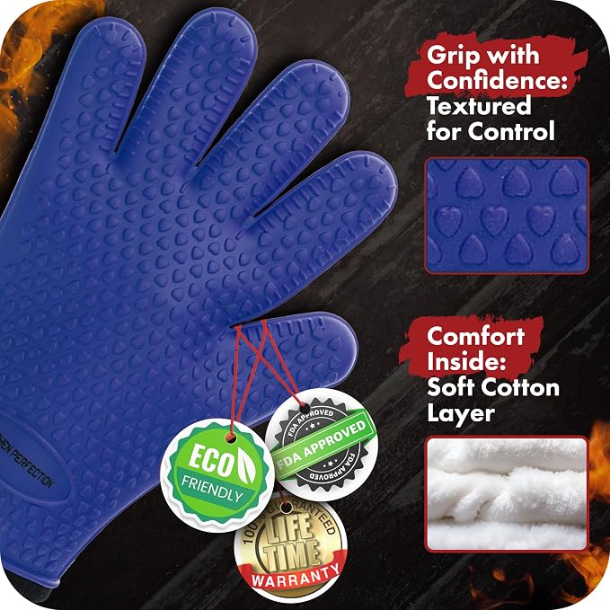 KITCHEN PERFECTION S Silicone Smoker BBQ Gloves - Heat Resistant Oven Mitts | Waterproof, 5-Finger Design For A Better Grip, for Pitmasters, Meat Smoking, Grilling, Cooking, Frying Turkey | Grill Gift