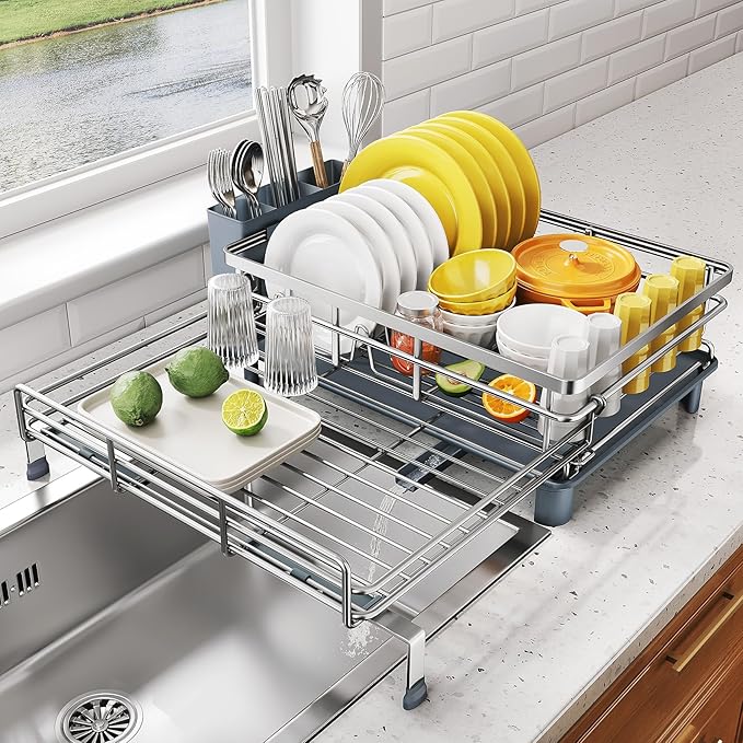 Expandable Dish Drying Rack for Kitchen Counter, Stainless Steel, Silver | Foldable Over Sink, Large Capacity, Adjust to Fit Most Sinks, Angled Drainboard, Removable Utensil Holder, Slip Resistant