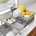 Expandable Dish Drying Rack for Kitchen Counter, Stainless Steel, Silver | Foldable Over Sink, Large Capacity, Adjust to Fit Most Sinks, Angled Drainboard, Removable Utensil Holder, Slip Resistant